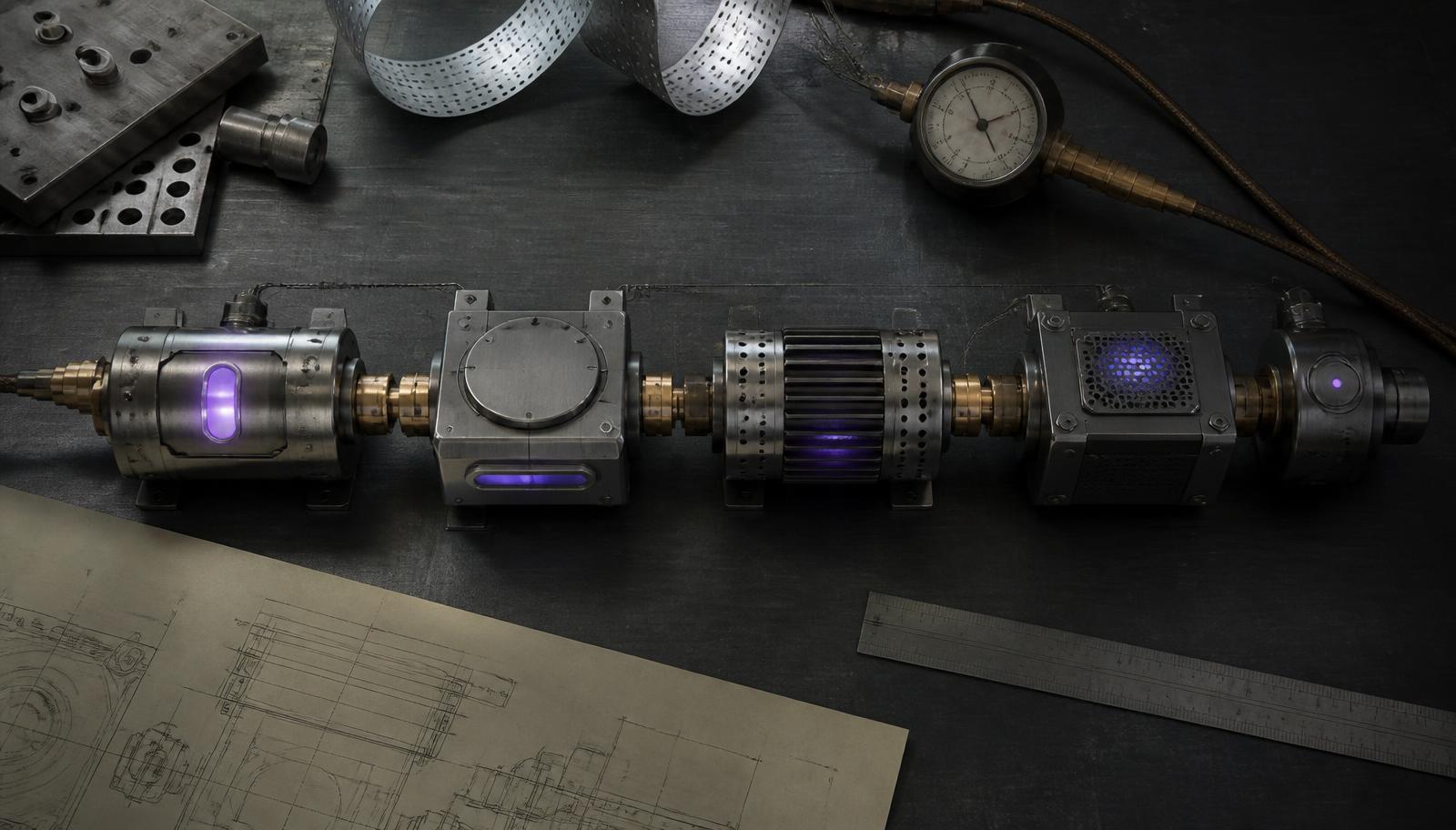 Machined metal modules linked by brass couplings on an engineer's workbench